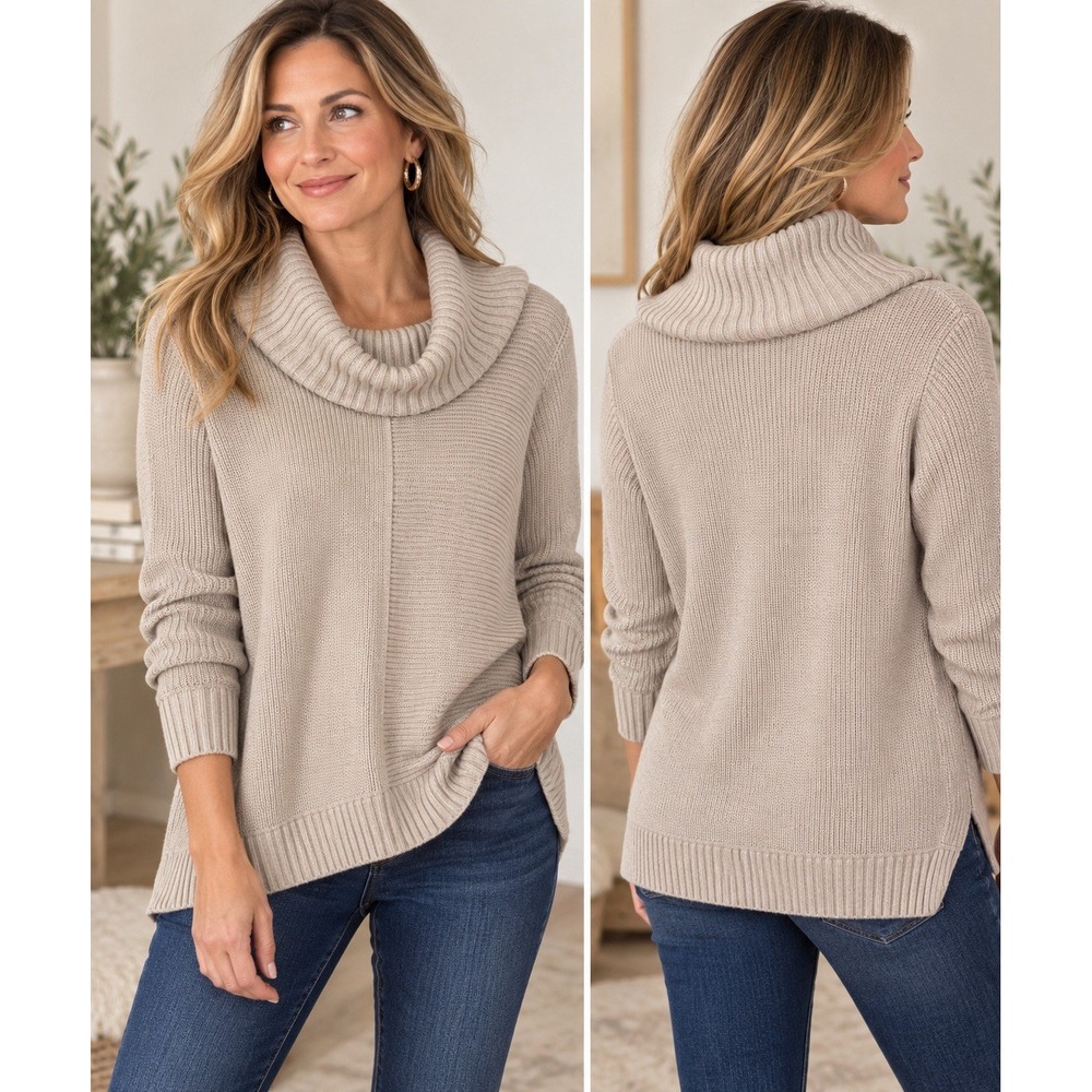 Chico's Size 2 L Touch of Cashmere Cowl Neck Sweater Beige Ribbed Knit Pullover